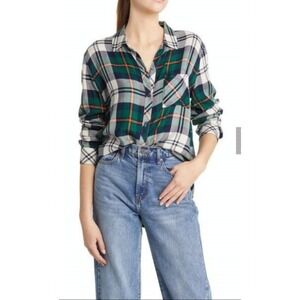 Rails Hunter Button Up Shirt Forest Navy Stone Plaid Rayon Flannel Long Sleeve S